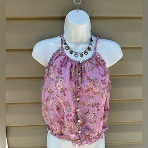 Unique Vintage Purple Floral Dream Weaver Halter Blouse Women M 8/10